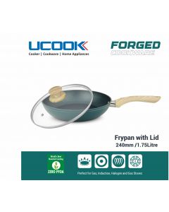 UCOOK By United Ekta Engg. Non-Stick Forged Aluminium Induction Frypan with Glass Lid, 240mm Green and Gold Spatter Finish