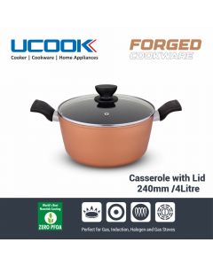 UCOOK By United Ekta Engg. Non-Stick Forged Aluminium Induction Casserole With Glass Lid 4 Litre, Black and Gold Spatter Finish