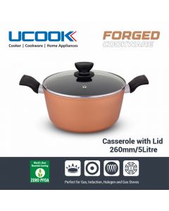 UCOOK By United Ekta Engg. Non-Stick Forged Aluminium Induction Casserole With Glass Lid 5 Litre, Black and Gold Spatter Finish