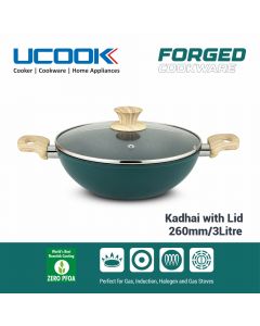 UCOOK By United Ekta Engg. Non-Stick Forged Aluminium Induction Kadhai 3 Litre with Glass Lid, Green and Gold Spatter Finish