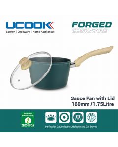 UCOOK By United Ekta Engg. Non-Stick Forged Aluminium Induction Saucepan With Glass Lid 160 mm, Green and Gold Spatter Finish