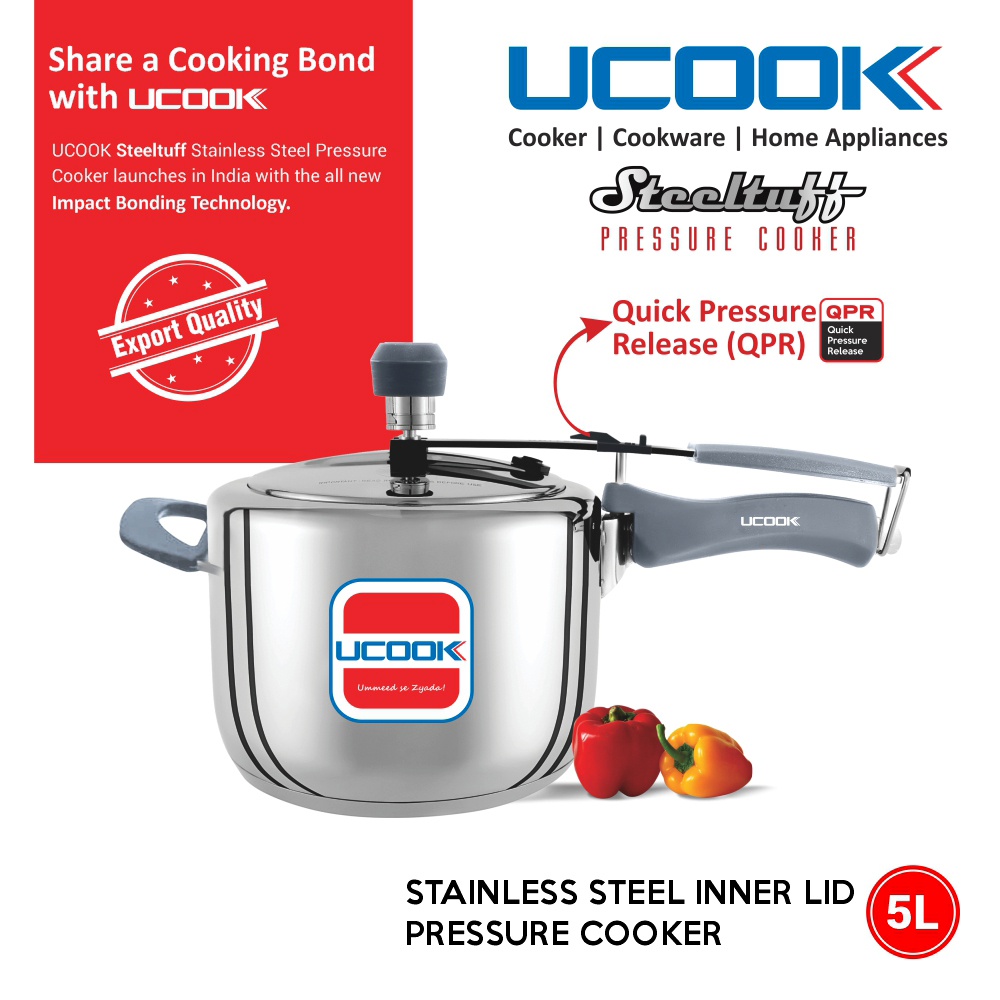 UCOOK Steeltuff Induction Base Stainless Steel Pressure Cooker 5 Litre