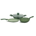 UCOOK Forged Nonstick 3+1 Cookware Set kadai-240 mm, Dosa Tava-260 mm, Frypan-240 mm with Glass Lid, Spatter Green