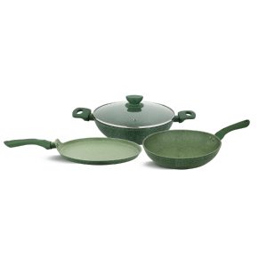 UCOOK Forged Nonstick 3+1 Cookware Set kadai-240 mm, Dosa Tava-260 mm, Frypan-240 mm with Glass Lid, Spatter Green