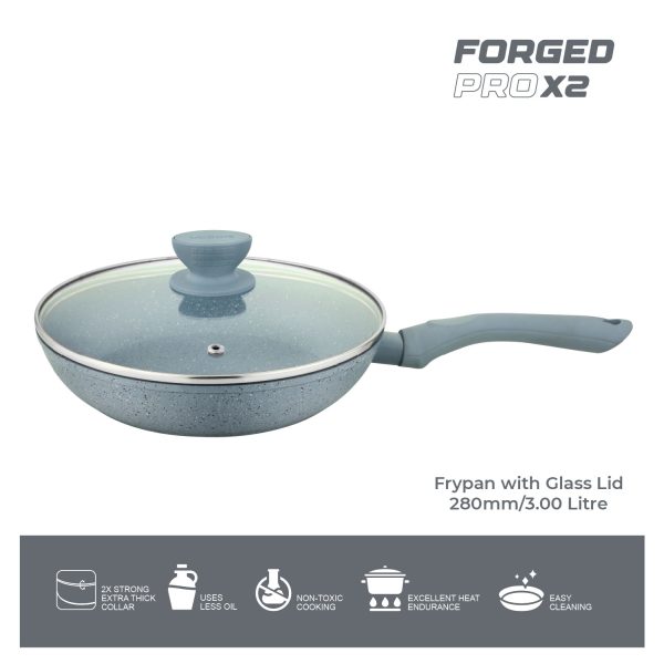 UCOOK Forged Nonstick Frypan with Glass Lid, Spatter Grey, 280mm/3L - Image 2