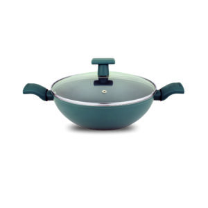 UCOOK Forged Nonstick Kadai, Teal Blue Soft Touch Handle, Glass Lid, 260mm/3L