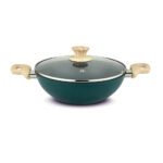 UCOOK Forged Nonstick Kadai 2.5L with Glass Lid | 240mm, Teal Blue & Gold Spatter