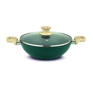 UCOOK Forged Nonstick Kadai with Glass Lid, Teal Blue & Gold Spatter, 260mm/3L