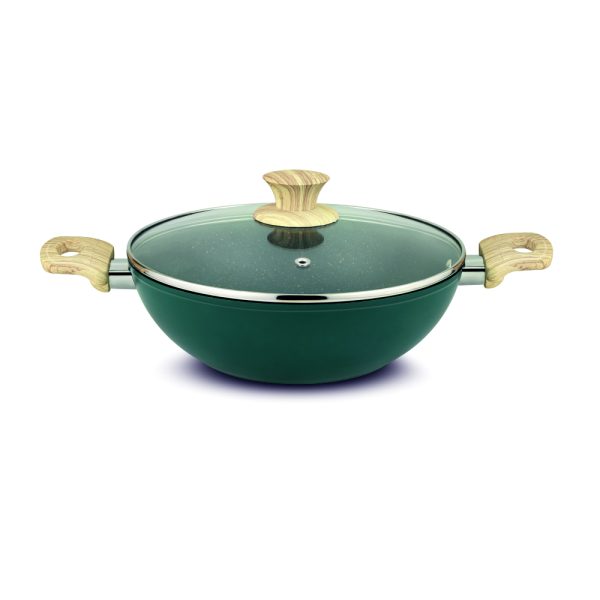UCOOK Forged Nonstick Kadai with Glass Lid,  Teal Blue+Gold Spatter, 280 mm, 4.35 Litre