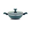 UCOOK Forged Nonstick Kadai with Glass Lid, Teal Blue Soft Touch Handle, 280mm/4.35L