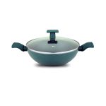 UCOOK Forged Nonstick Kadai with Glass Lid, Teal Blue Soft Touch Handle, 280mm/4.35L