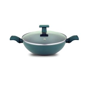 UCOOK Forged Nonstick Kadai with Glass Lid, Teal Blue Soft Touch Handle, 280mm/4.35L