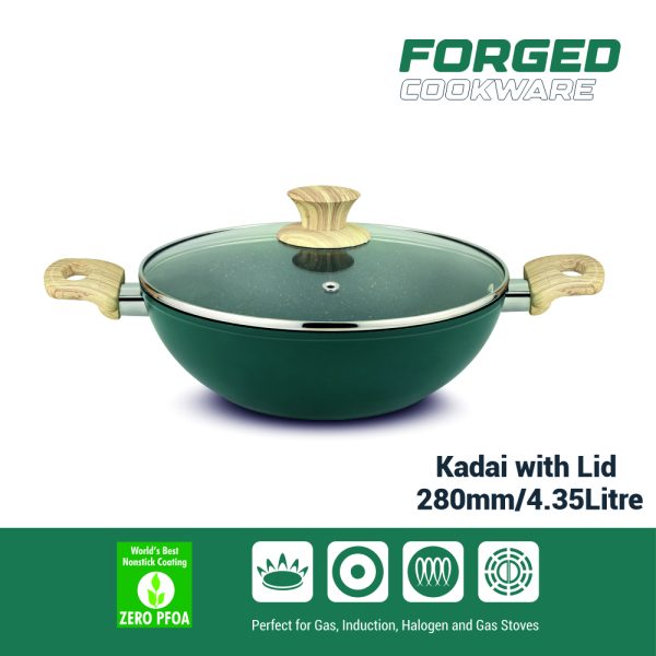 UCOOK Forged Nonstick Kadai with Glass Lid,  Teal Blue+Gold Spatter, 280 mm, 4.35 Litre - Image 2
