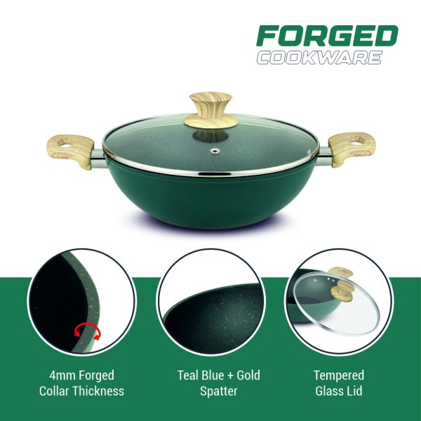 UCOOK Forged Nonstick Kadai with Glass Lid,  Teal Blue+Gold Spatter, 280 mm, 4.35 Litre - Image 3