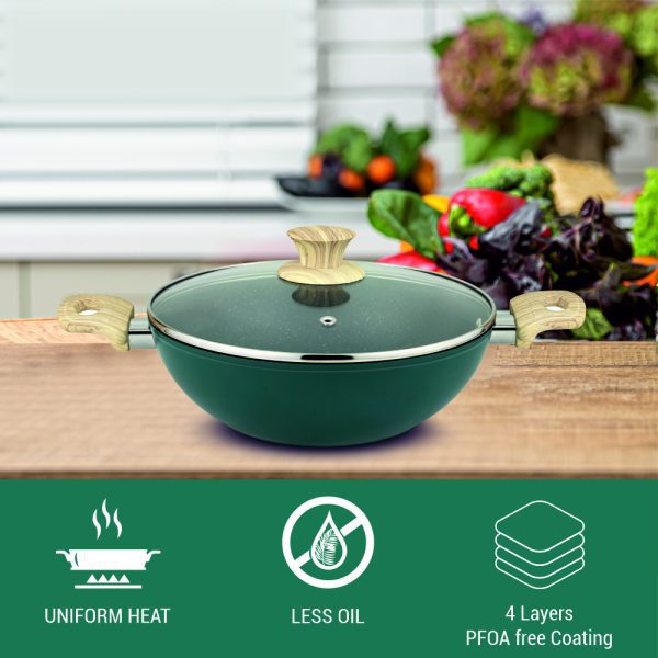 UCOOK Forged Nonstick Kadai with Glass Lid,  Teal Blue+Gold Spatter, 280 mm, 4.35 Litre - Image 4