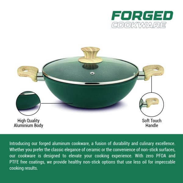 UCOOK Forged Nonstick Kadai with Glass Lid,  Teal Blue+Gold Spatter, 280 mm, 4.35 Litre - Image 5