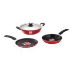 UCOOK Nonstick Aluminium Induction Family Startup Pack - Red (Kadai w/SS Lid, Fry Pan, Dosa Tava)