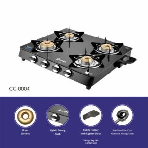 Junto Z Series 4 Burner Gas Stove , Glass Cooktop, Black