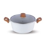 Salford White Spatter Non-Stick Casserole 240 MM with Glass Lid, Wooden Handle , Induction Compatible