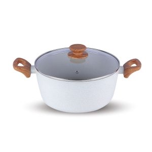 Salford White Spatter Non-Stick Casserole 240 MM with Glass Lid, Wooden Handle , Induction Compatible