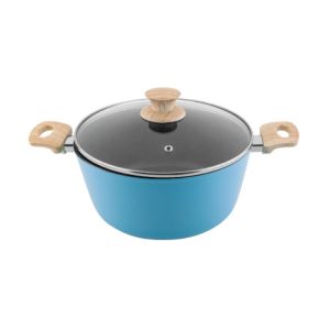 Salford Dusty Blue Forged Non-Stick Casserole  240 MM with Glass Lid , Wooden Handle , Induction Compatible