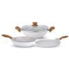 Salford White Spatter Non-Stick Set of 3+1 Kadai 240 MM, Frypan 240 MM, Tava 260 MM with Glass Lid, Wooden Handle , Induction Compatible