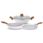 Salford White Spatter Non-Stick Set of 3+1 Kadai 240 MM, Frypan 240 MM, Tava 260 MM with Glass Lid, Wooden Handle , Induction Compatible