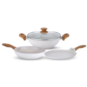 Salford White Spatter Non-Stick Set of 3+1 Kadai 240 MM, Frypan 240 MM, Tava 260 MM with Glass Lid, Wooden Handle , Induction Compatible