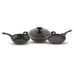 Salford Black Spatter Non-Stick Cookware Set of 3+1 Kadai 240 MM , Tava 260 MM, Frypan 240 MM with Glass Lid , Bakelite Handle,  Induction Compatible