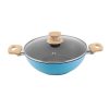 Salford Dusty Blue Non-Stick Kadai  240 MM with Glass Lid, Wooden Handle , Induction Compatible