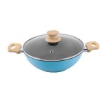 Salford Dusty Blue Non-Stick Kadai  240 MM with Glass Lid, Wooden Handle , Induction Compatible