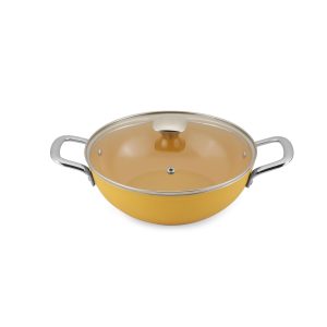 SALFORD Yellow Forged Ceramic Non-Stick Kadai 260 MM with Glass Lid, Stainless Steel Tubular Handle , Induction Compatible