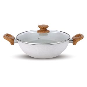 SALFORD Forged Non-Stick Kadai with Glass LID & Soft Touch Wooden Handle I Induction Base & Gas Ready I 2 Year Warranty I White Spatter 260mm I 3.25 Litre Kadhai
