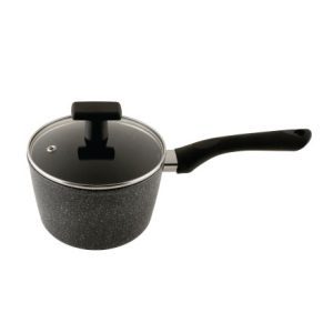 Salford Black Spatter Non-Stick Saucepan 160 MM with Glass Lid, Bakelite Handle, Induction Compatible