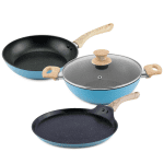 Salford  Dusty Blue Forged Non-Stick 3+1 Set , Kadai 240 MM, Frypan 240 MM, Tava 260 MM with Glass Lid, Wooden Handle, Induction Compatible