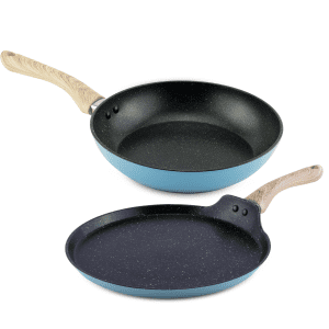 SALFORD Dusty Blue Forged Nonstick Set of 2 , Frypan 240mm + Tava 260mm with Glass Lid, Wooden Handle, Induction Compatible