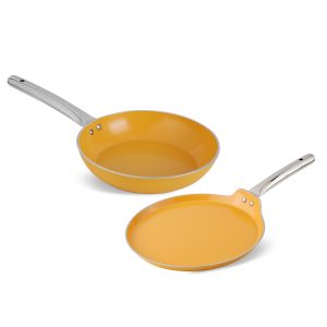 Salford Yellow Forged Ceramic Set of 2 ,Frypan 240 MM & Tava 260 MM , Stainless Steel Tubular Handle , Induction Compatible