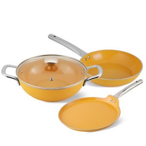 Salford Yellow Forged Ceramic Set of 3+ 1, Kadai 240 MM, Frypan 240 MM, Tava 260 MM with Glass Lid, Stainless Steel Tubular Handle , Induction Compatible